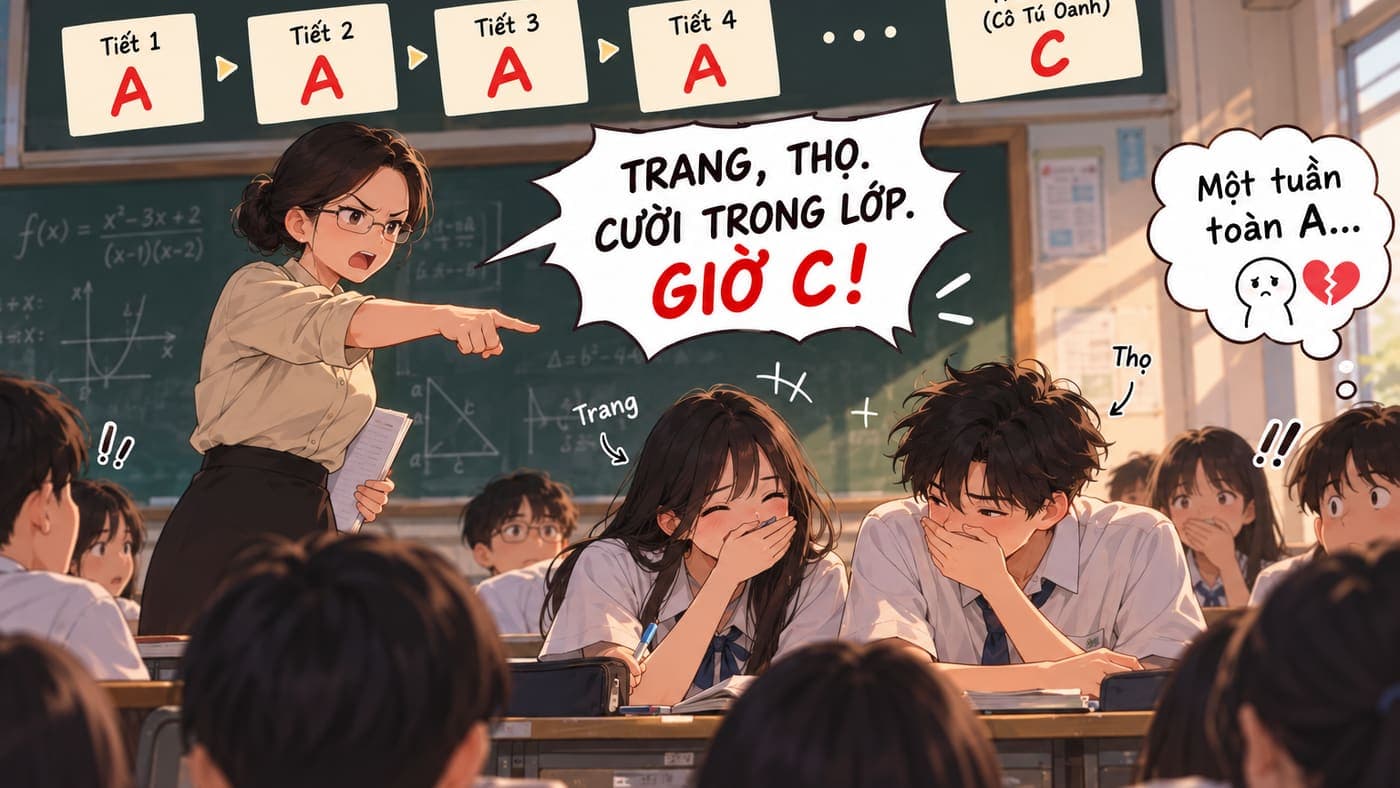 Minh hoạ tiết Toán - cô giáo chỉ tay, Trang và Thọ ôm miệng cười, bảng điểm bốn tiết A rồi một giờ C